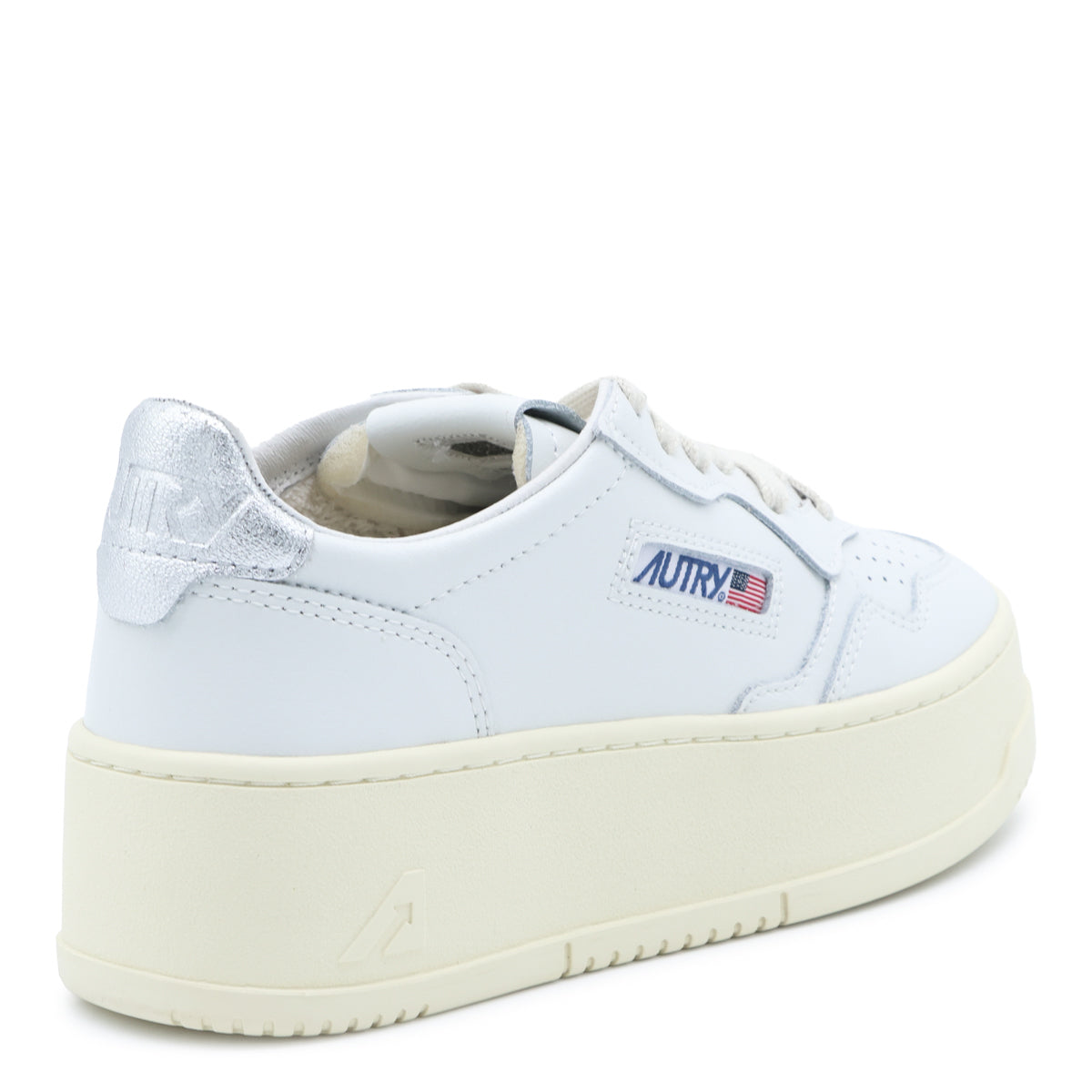 WHITE AND SILVER LEATHER MEDALIST PLATFORM SNEAKERS