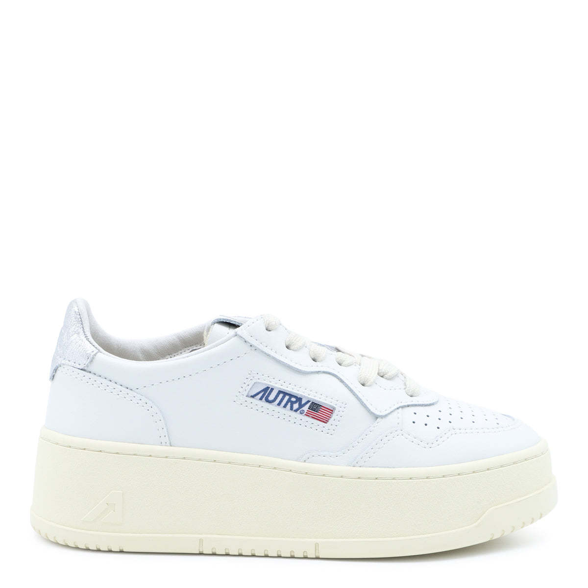 WHITE AND SILVER LEATHER MEDALIST PLATFORM SNEAKERS