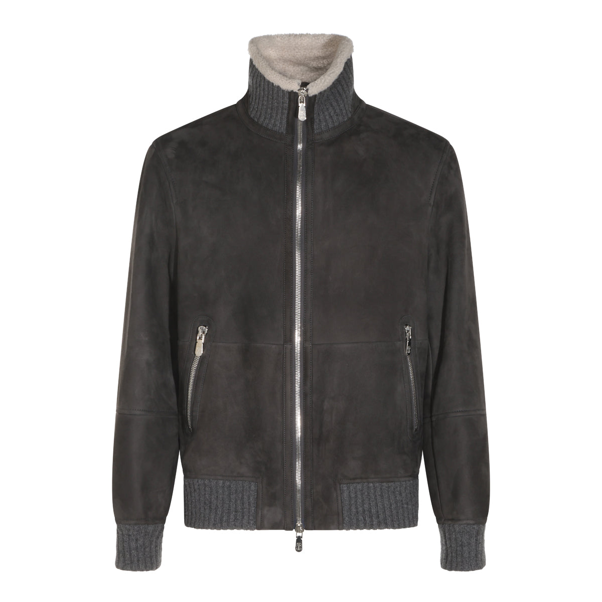 DARK GREY AND BROWN LEATHER JACKET