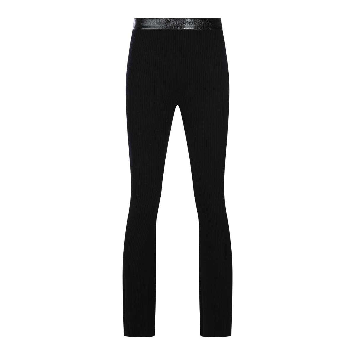 BLACK CONTRASTED VINYL RIB KNIT FLARED PANTS