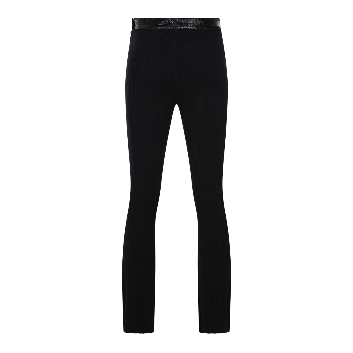 BLACK CONTRASTED VINYL RIB KNIT FLARED PANTS