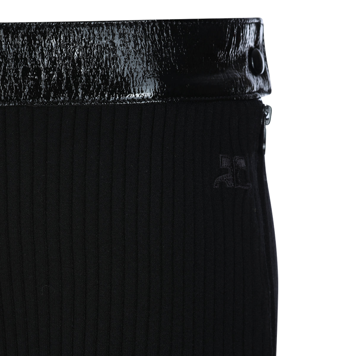 BLACK CONTRASTED VINYL RIB KNIT FLARED PANTS