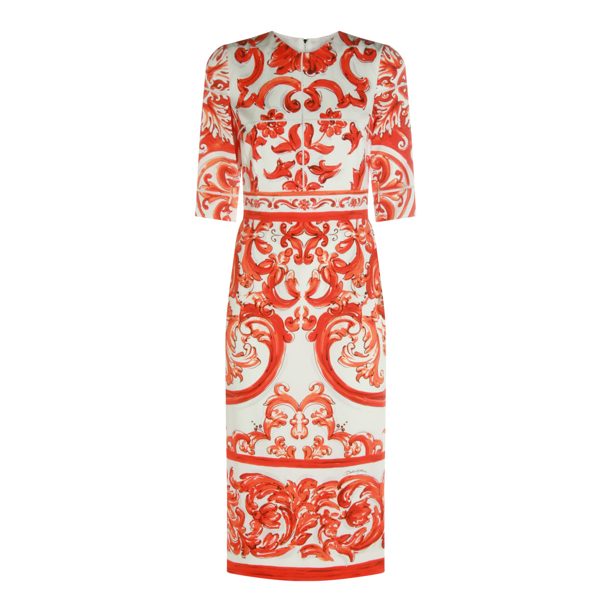 WHITE AND ORANGE SILK MAIOLICA LONG DRESS