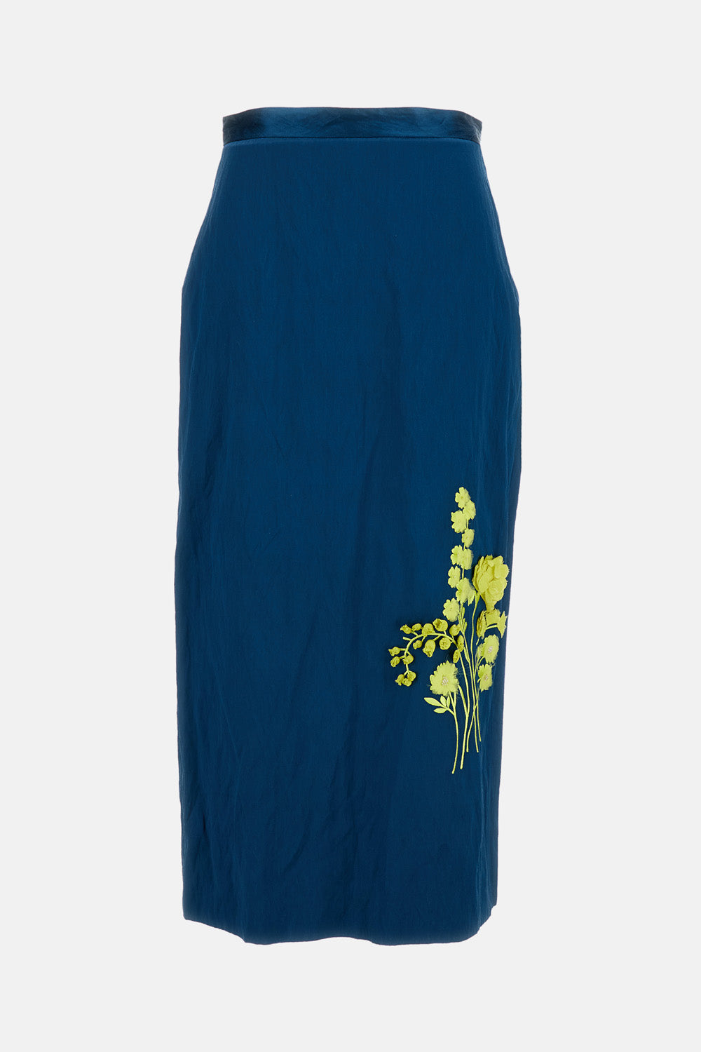 EMBROIDERED TEXTURED SATIN MIDI PENCIL SKIRT