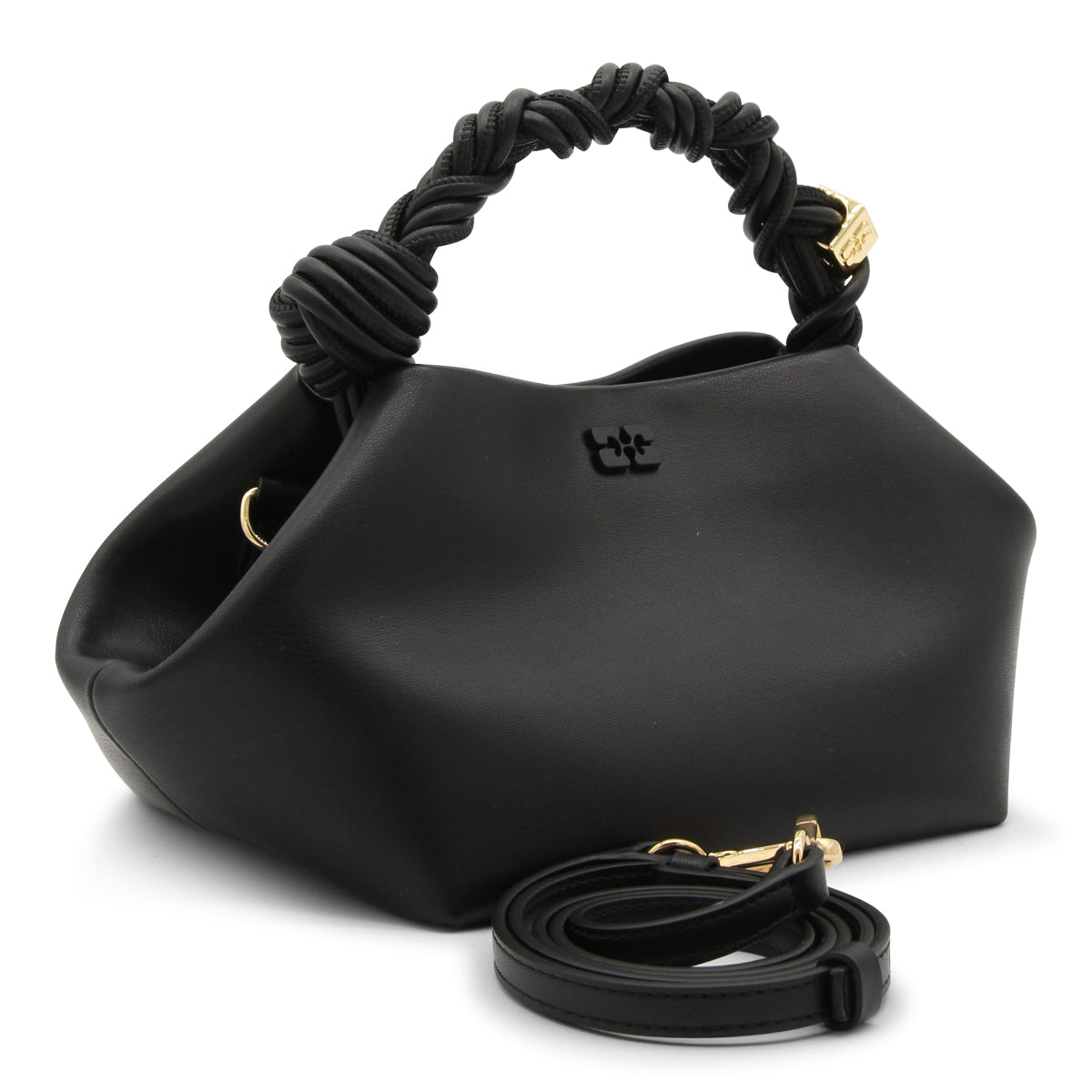BLACK LEATHER BOU TOP HANDLE BAG
