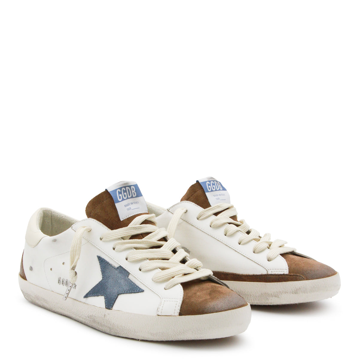 WHITE BROWN AND BLUE LEATHER SUPER STAR SNEAKERS