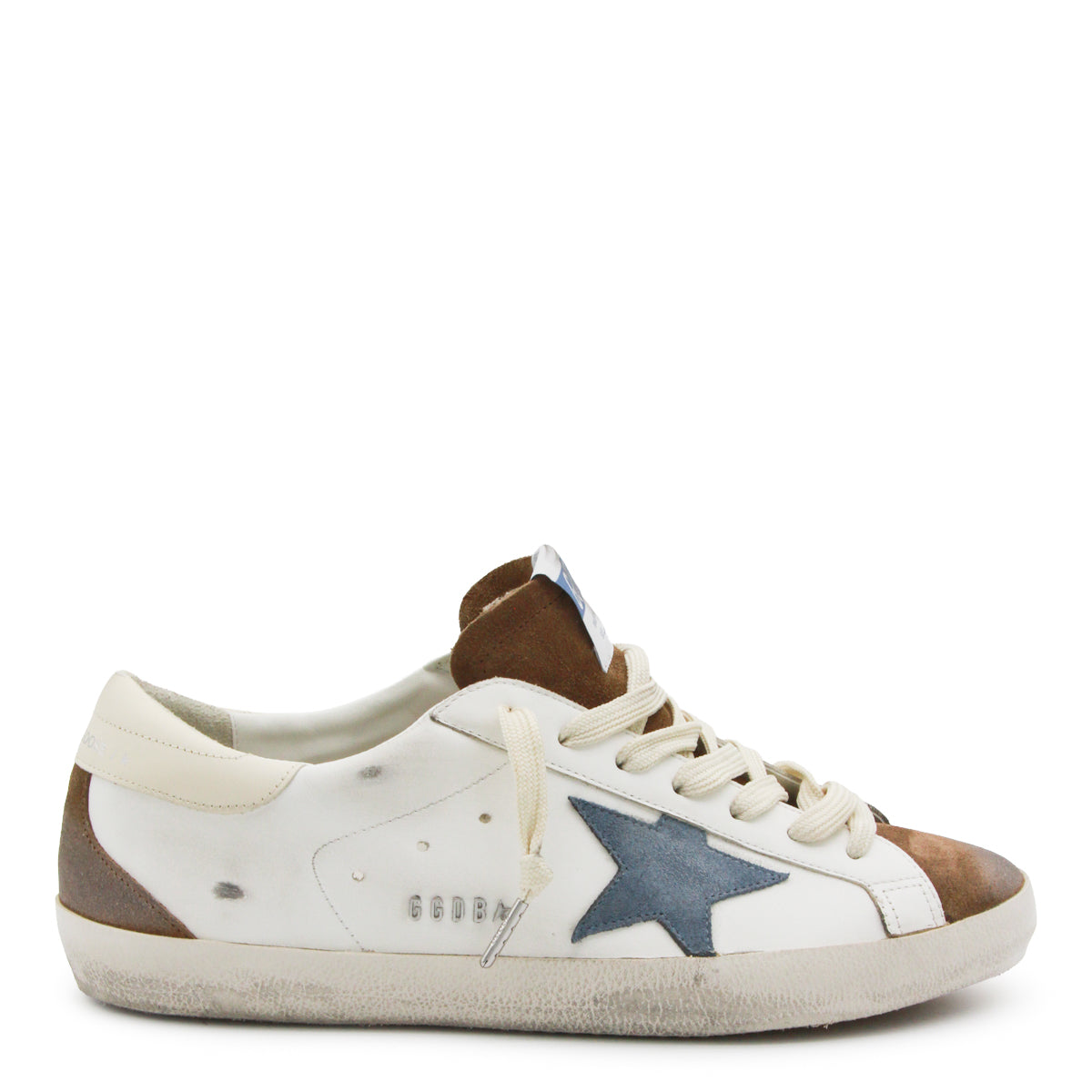 WHITE BROWN AND BLUE LEATHER SUPER STAR SNEAKERS