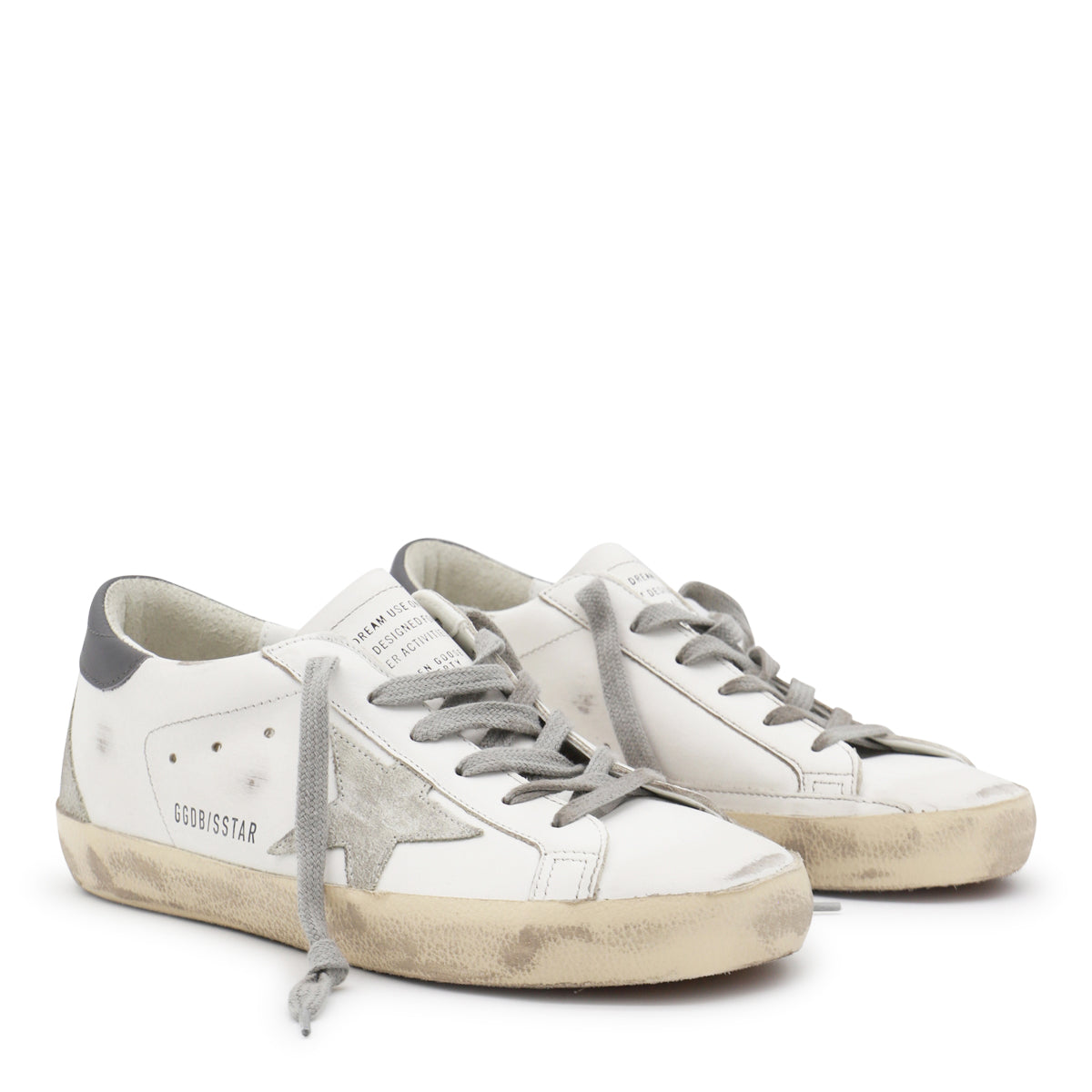 WHITE AND GREY LEATHER SUPER STAR SNEAKERS