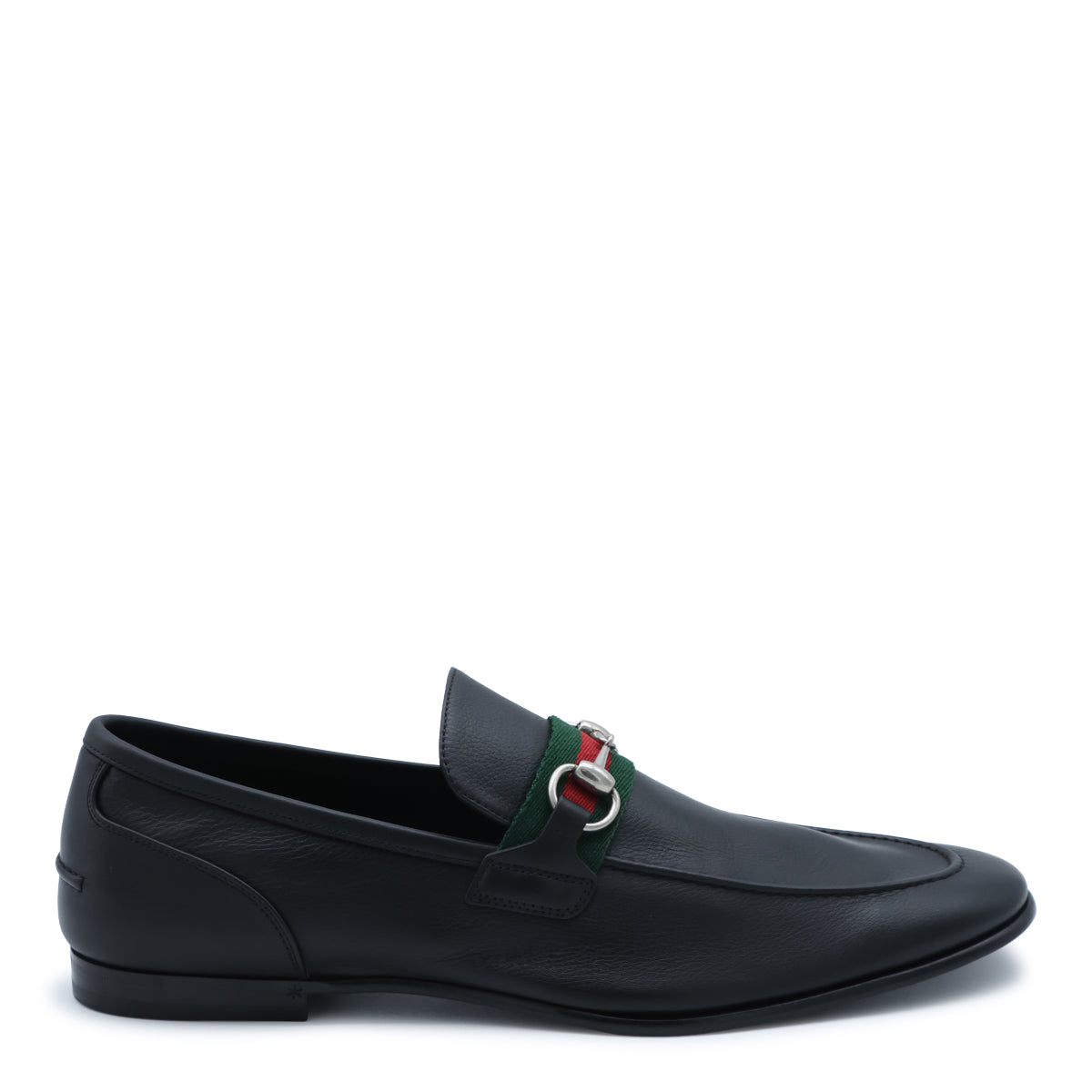 BLACK LEATHER WEB RIBBON LOAFERS