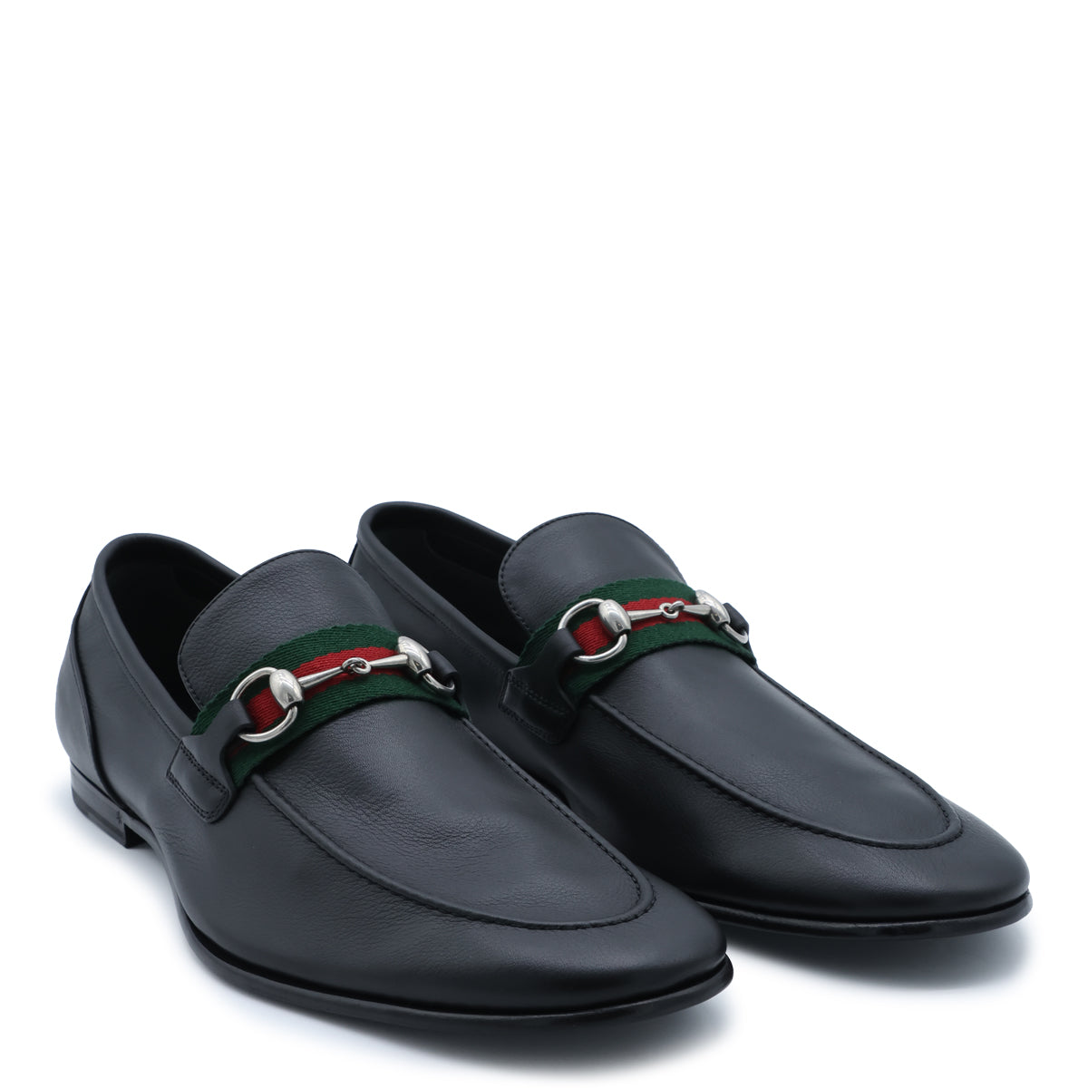 BLACK LEATHER WEB RIBBON LOAFERS