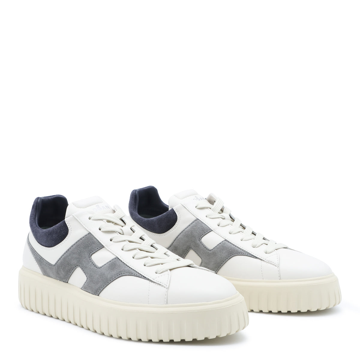 IVORY GREY AND BLUE LEATHER H-STRIPES SNEAKERS