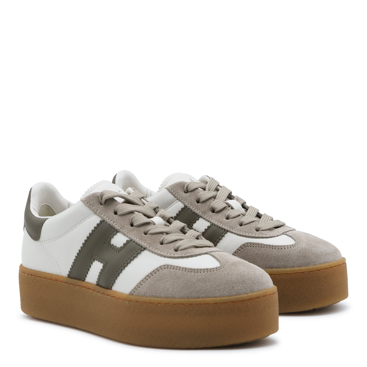 WHITE AND KHAKI SUEDE COOL PLATFORM SNEAKERS