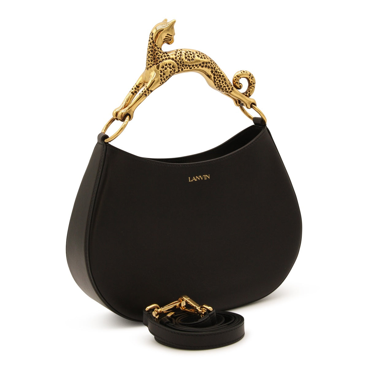 BLACK LEATHER HOBO CAT SHOULDER BAG