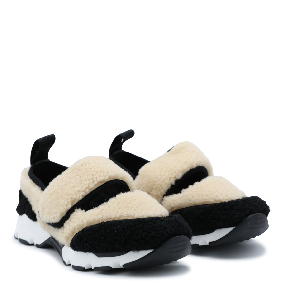 BEIGE AND BLACK SHEARLING RUNNING MARY JANE SNEAKERS