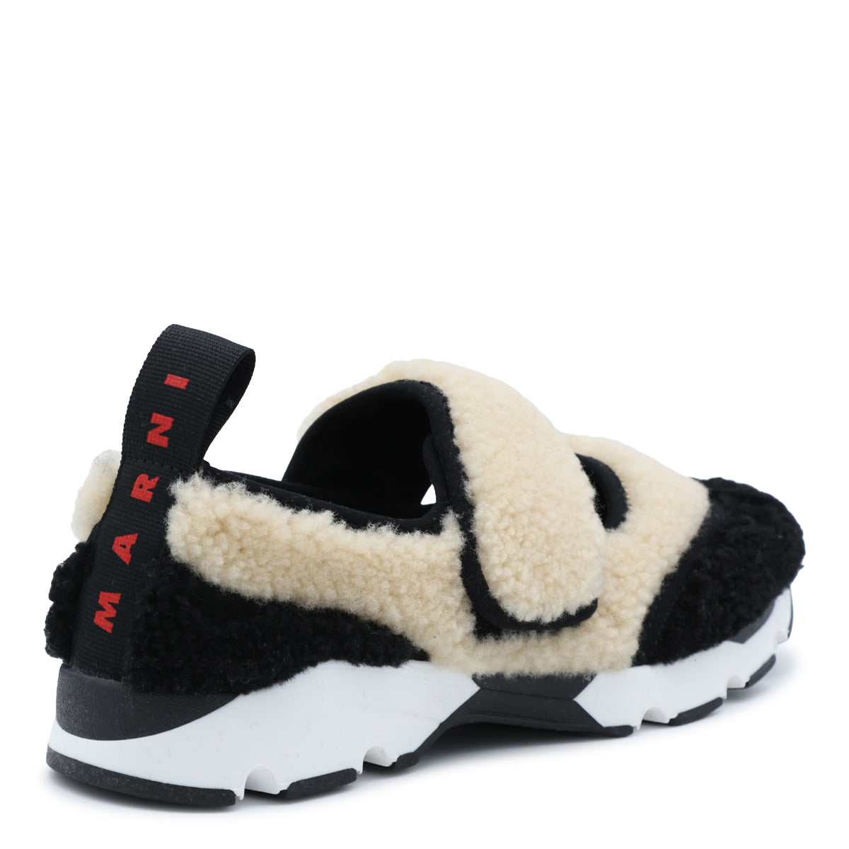 BEIGE AND BLACK SHEARLING RUNNING MARY JANE SNEAKERS