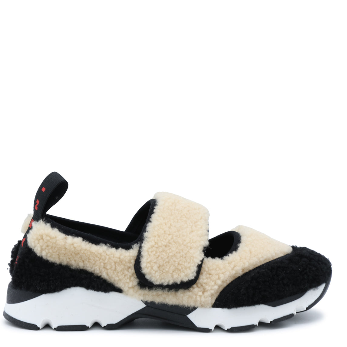 BEIGE AND BLACK SHEARLING RUNNING MARY JANE SNEAKERS