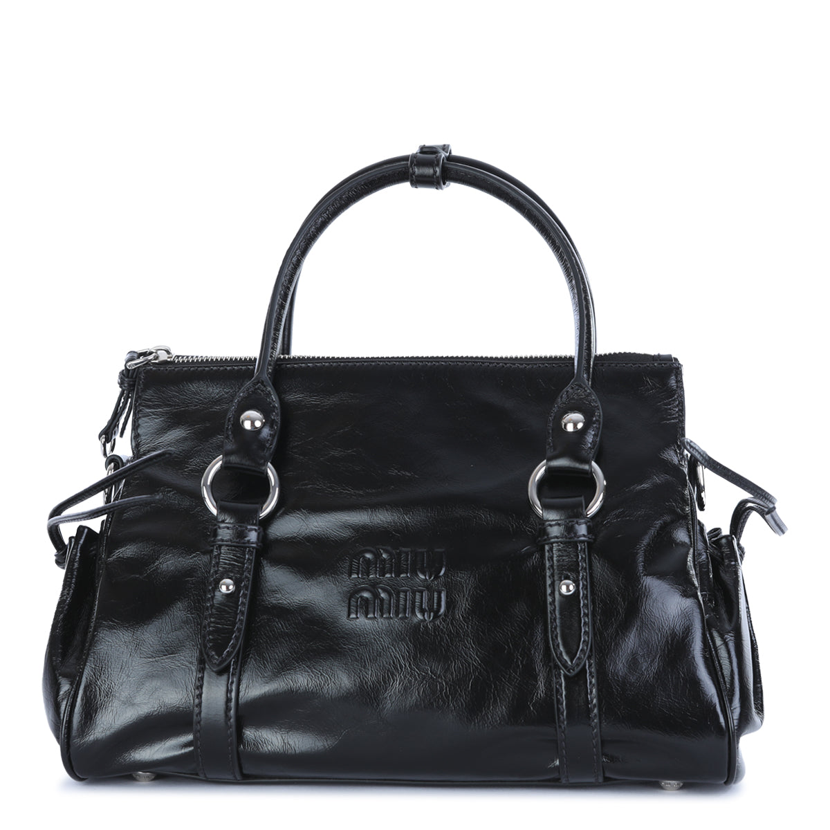 BLACK LEATHER TOP HANDLE BAG