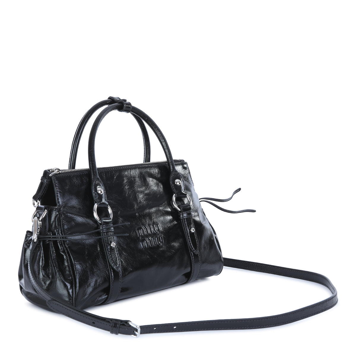 BLACK LEATHER TOP HANDLE BAG