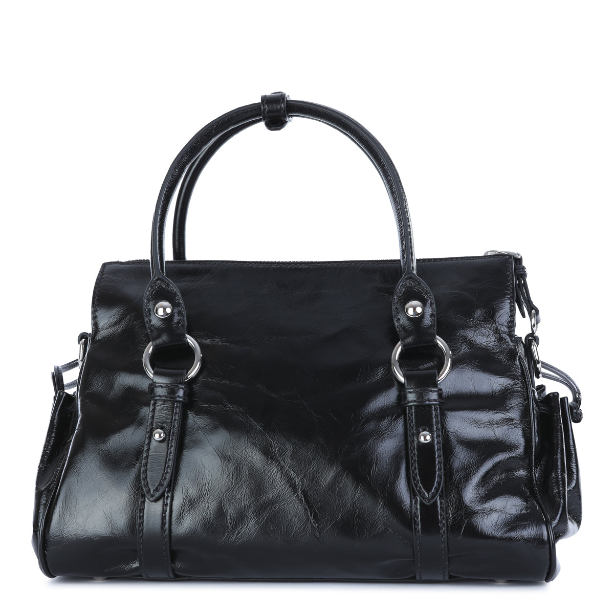 BLACK LEATHER TOP HANDLE BAG