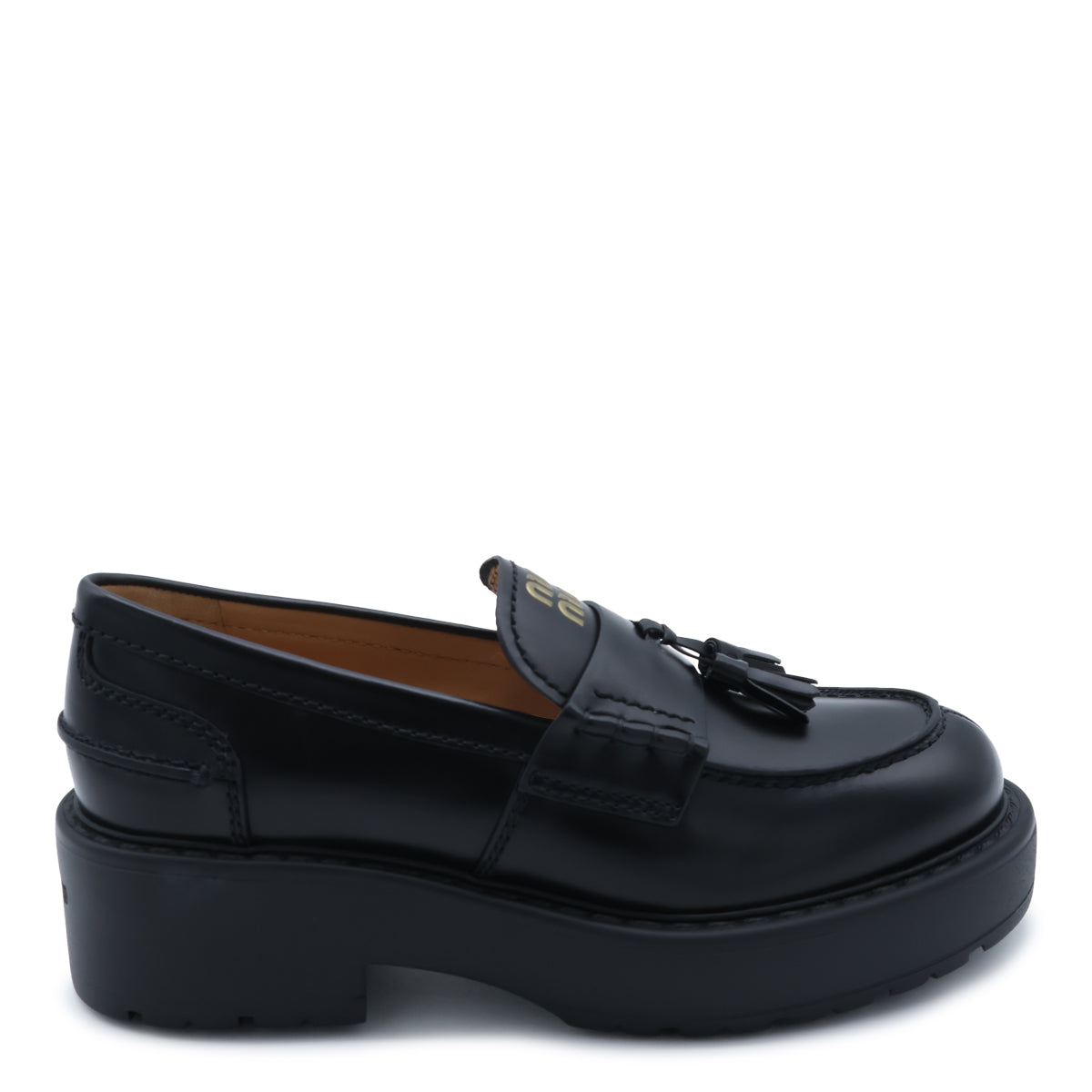 BLACK LEATHER PLATFORM LOGO LOAFERS