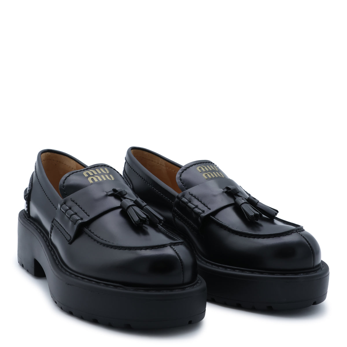 BLACK LEATHER PLATFORM LOGO LOAFERS
