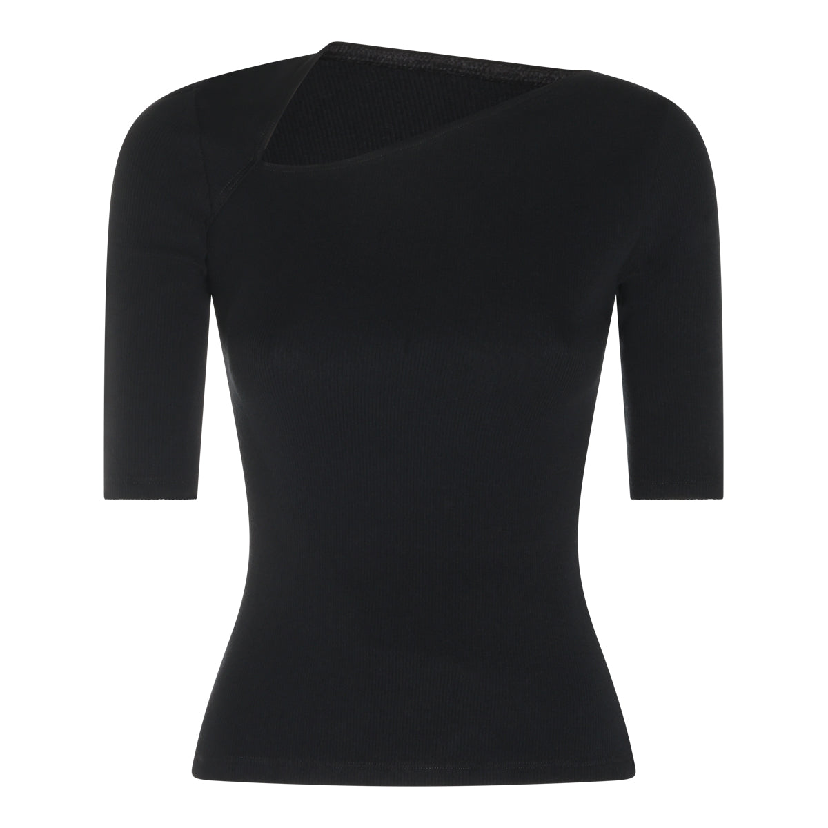 BLACK COTTON AND WOOL BLEND STRETCH TOP