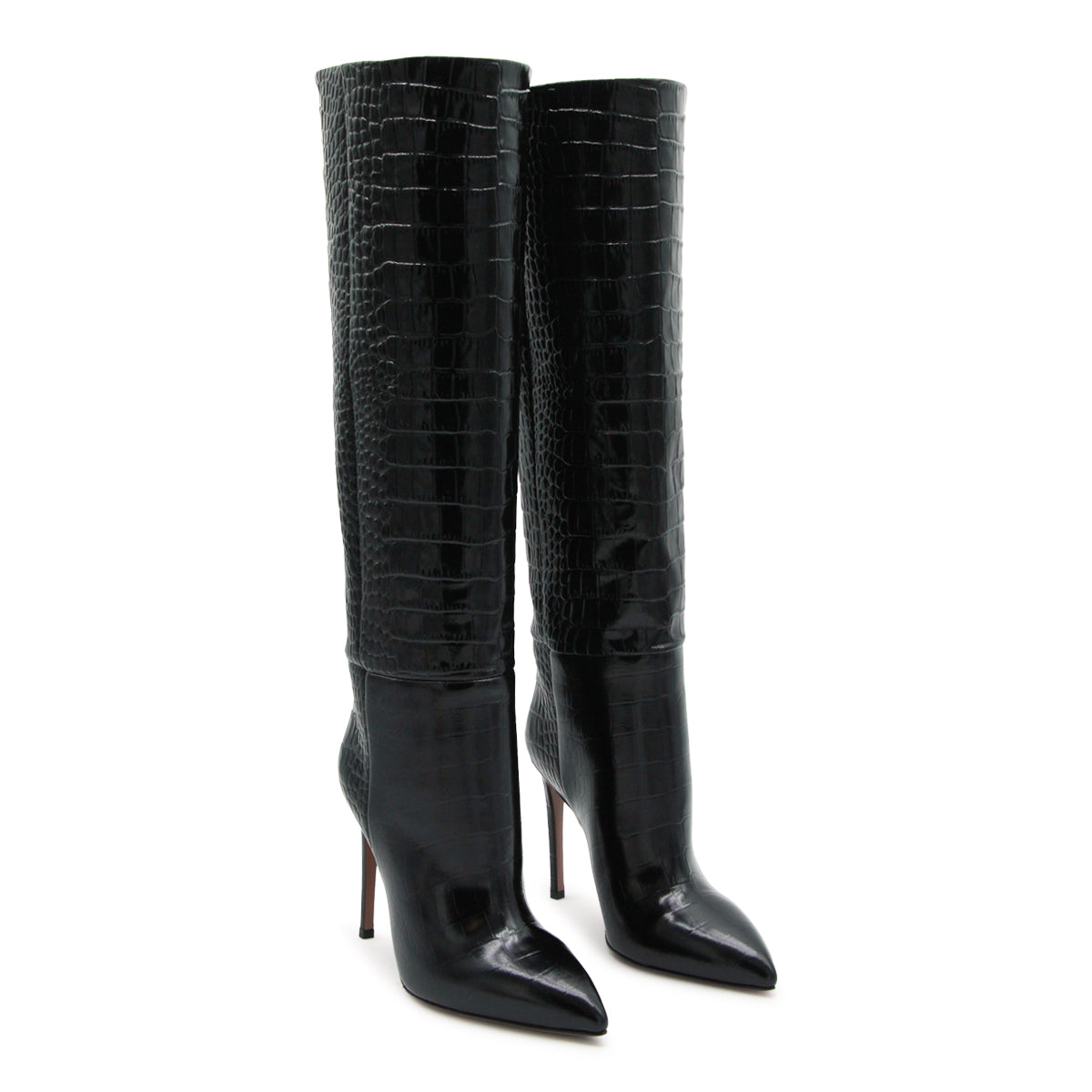 BLACK CARBON LEATHER STILETTO BOOTS