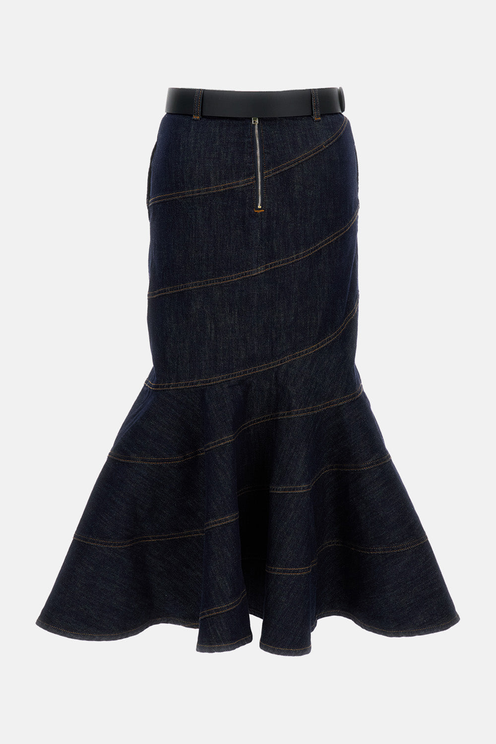 INDIGO DENIM BELTED MIDI SKIRT