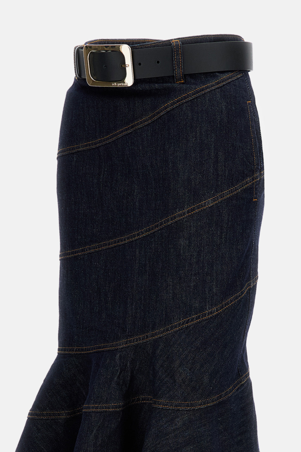 INDIGO DENIM BELTED MIDI SKIRT