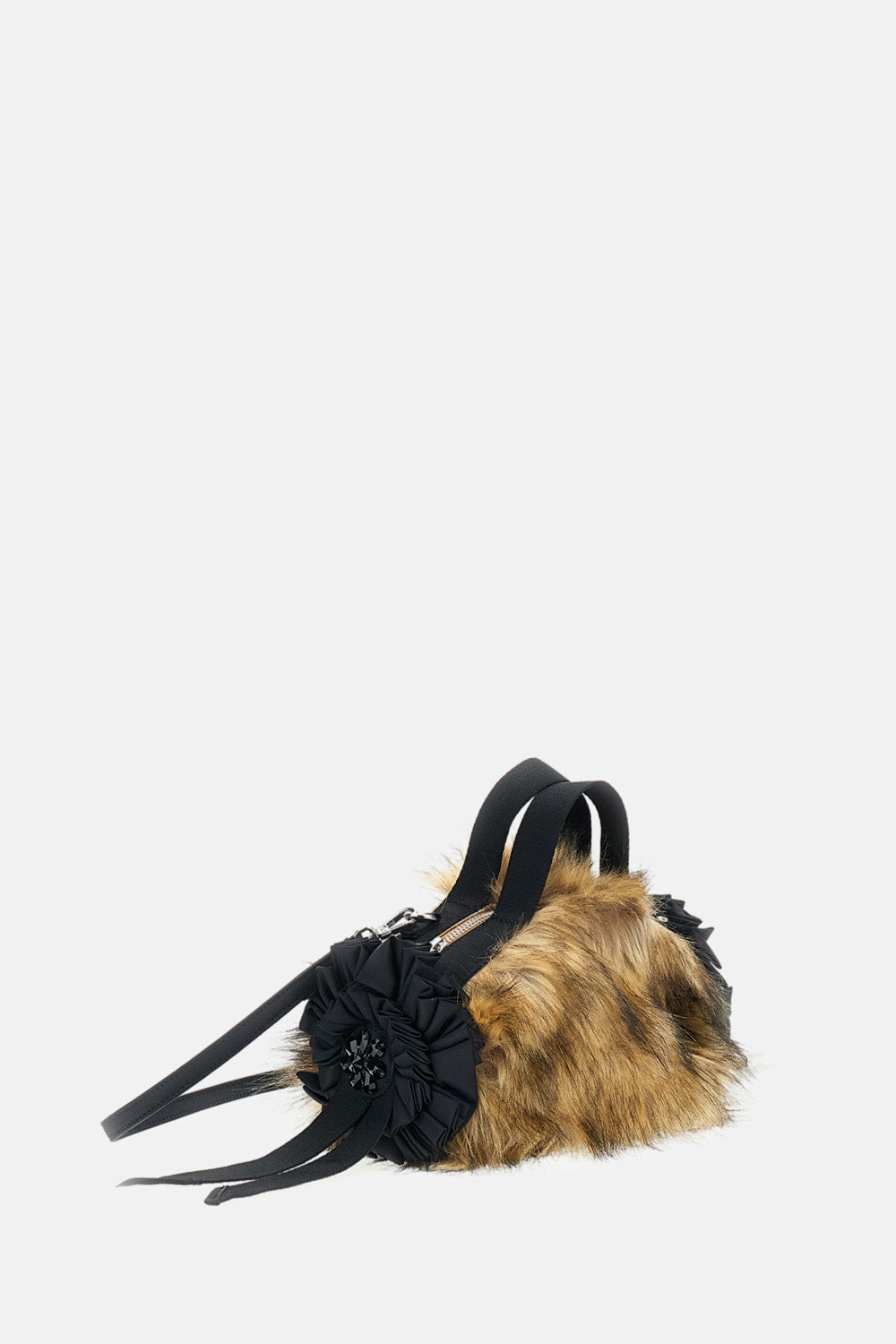 MINI FAUX FUR DOUBLE RIBBON ROSETTE EMBROIDERED BAG