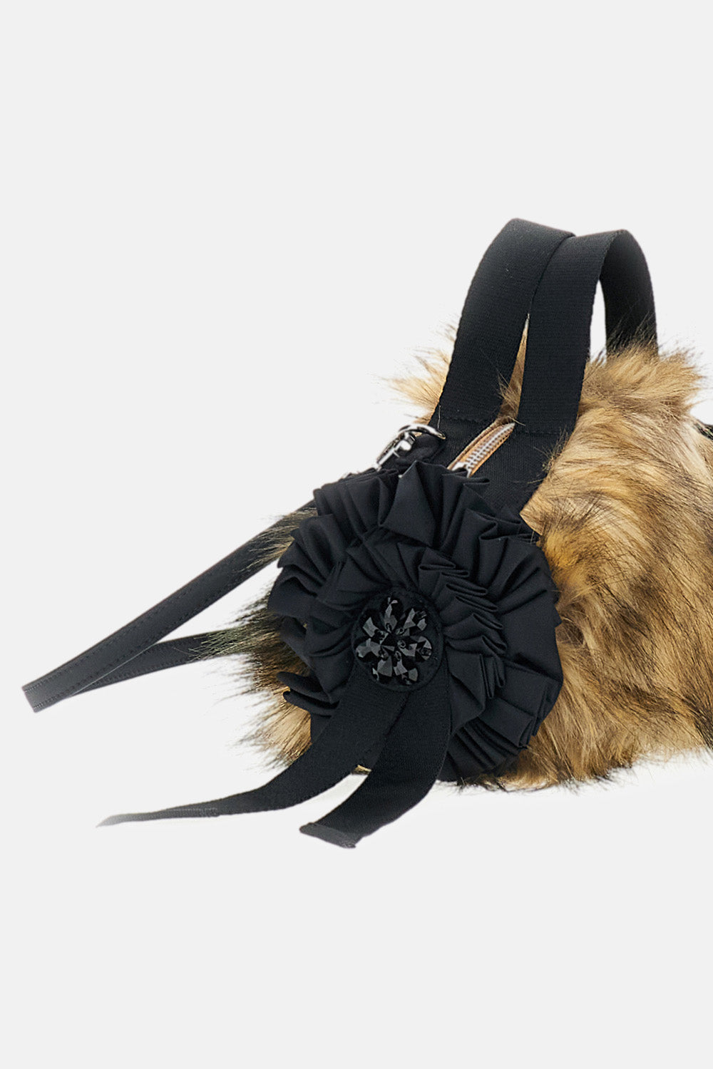 MINI FAUX FUR DOUBLE RIBBON ROSETTE EMBROIDERED BAG