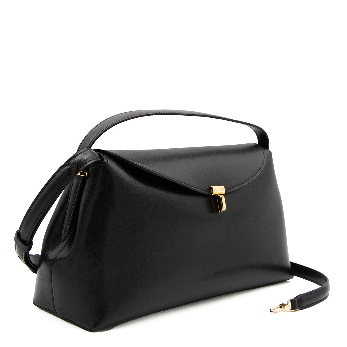BLACK LEATHER T-LOCK TOP HANDLE BAG