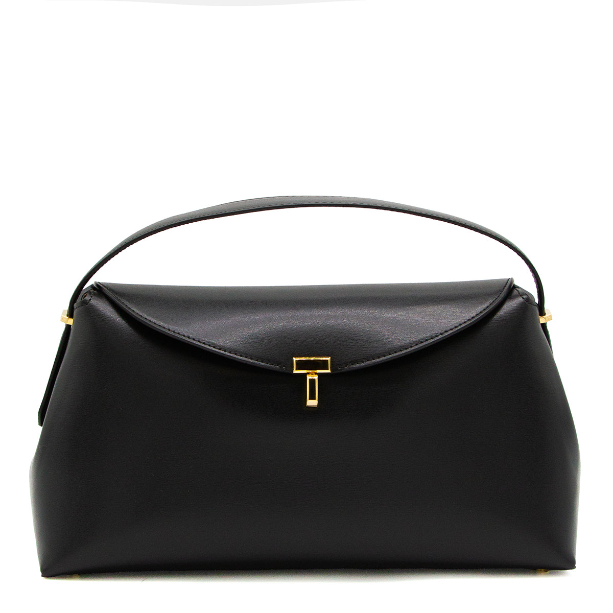 BLACK LEATHER T-LOCK TOP HANDLE BAG