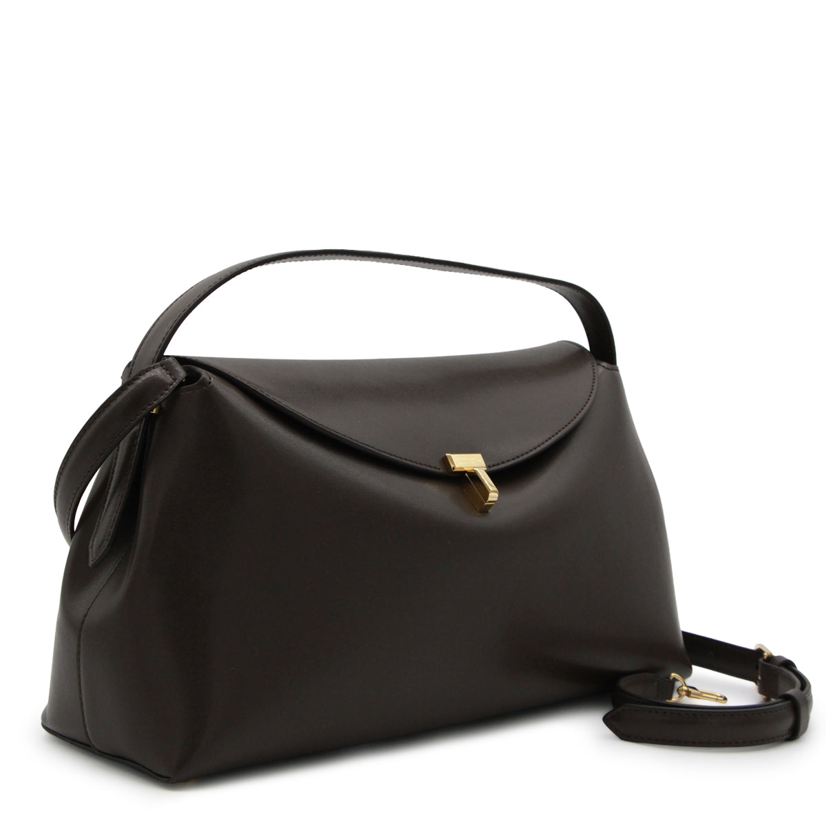 BLACK LEATHER T-LOCK TOP HANDLE BAG