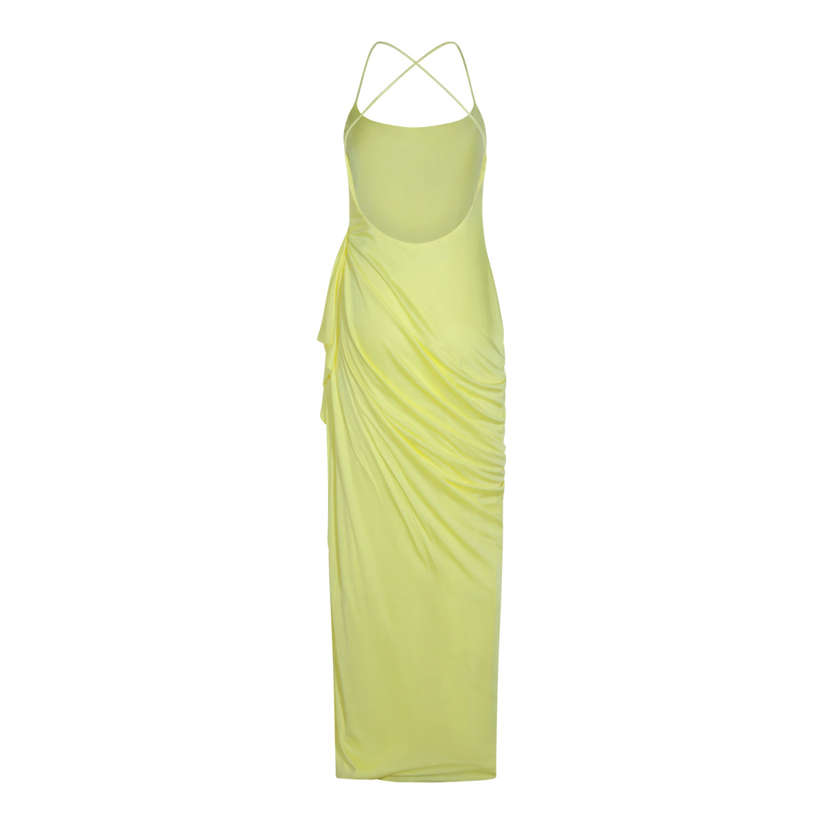 PALE YELLOW STRETCH DRAPED LONG DRESS