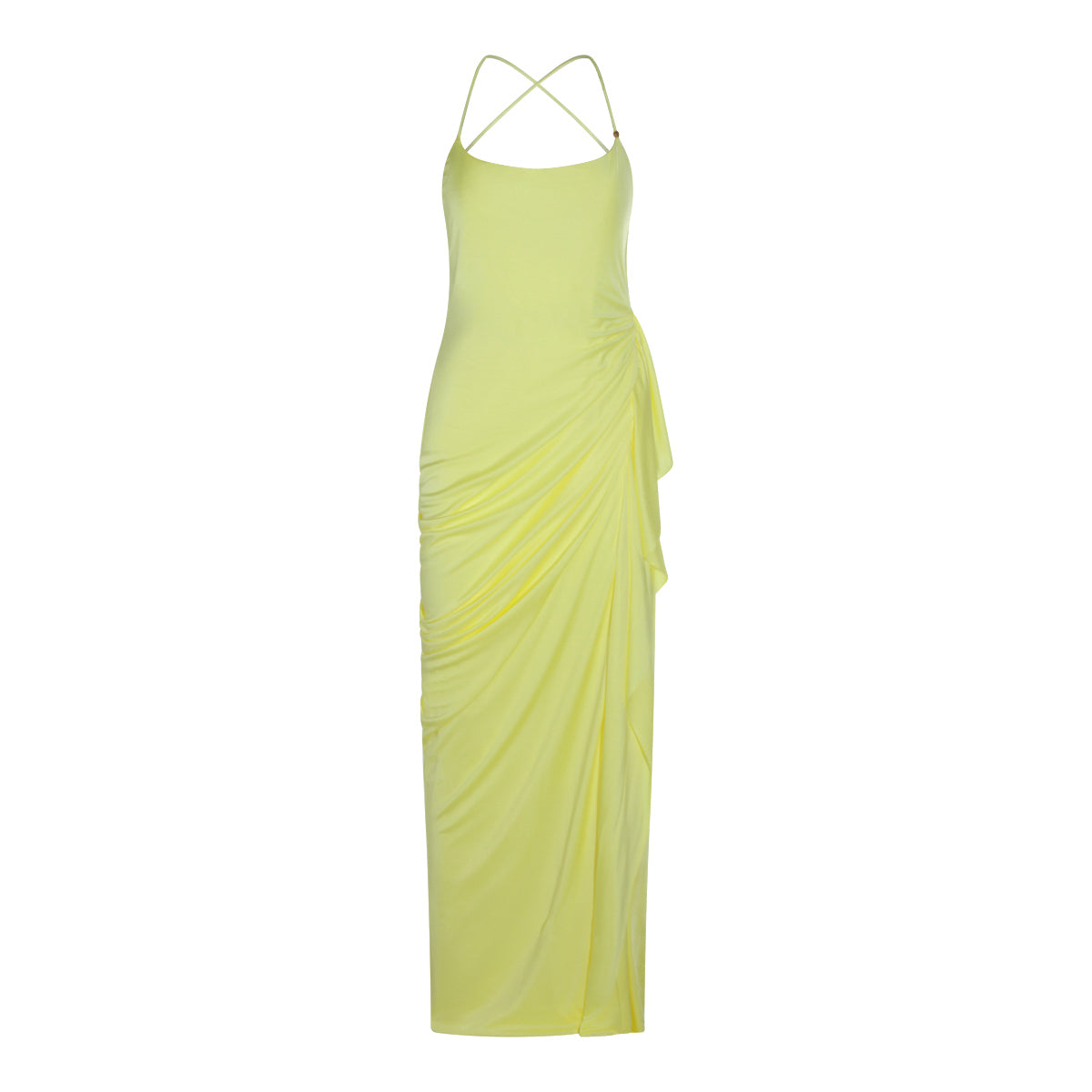 PALE YELLOW STRETCH DRAPED LONG DRESS