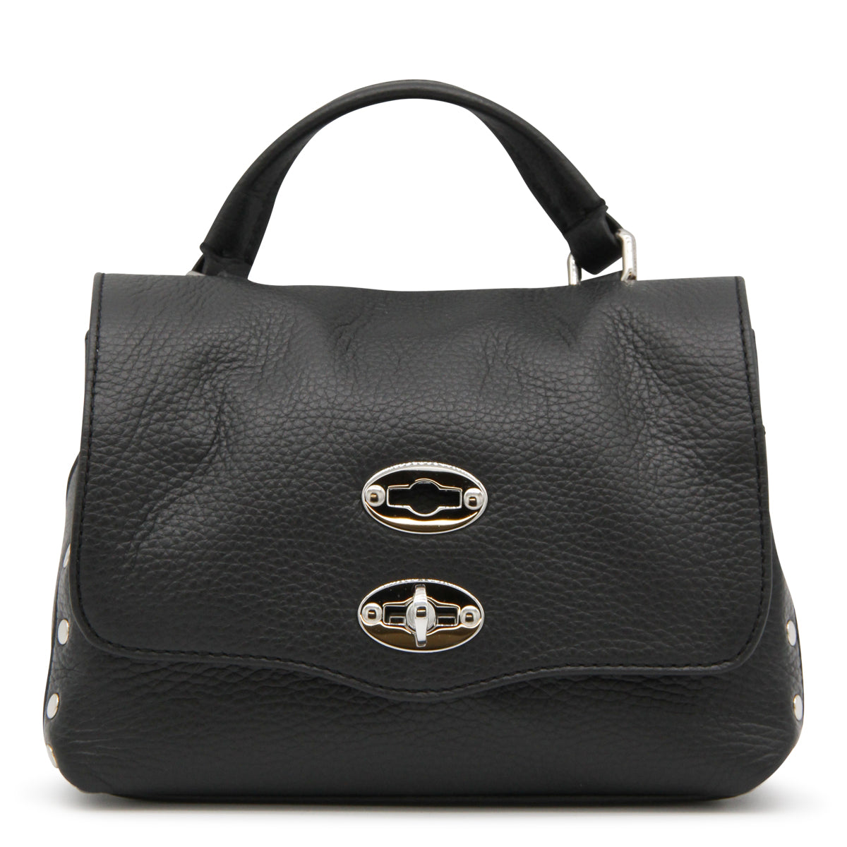 BLACK LEATHER POSTINA BABY TOP HANDLE BAG