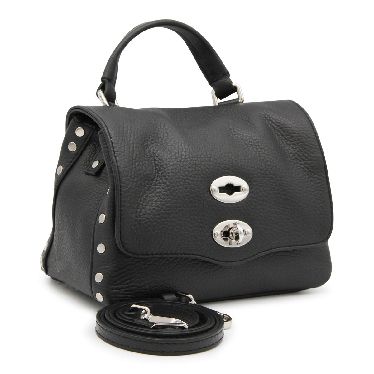 BLACK LEATHER POSTINA BABY TOP HANDLE BAG