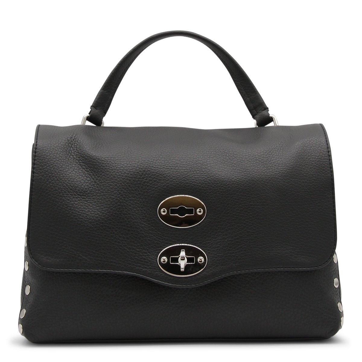 BLACK LEATHER POSTINA SMALL TOP HANDLE BAG