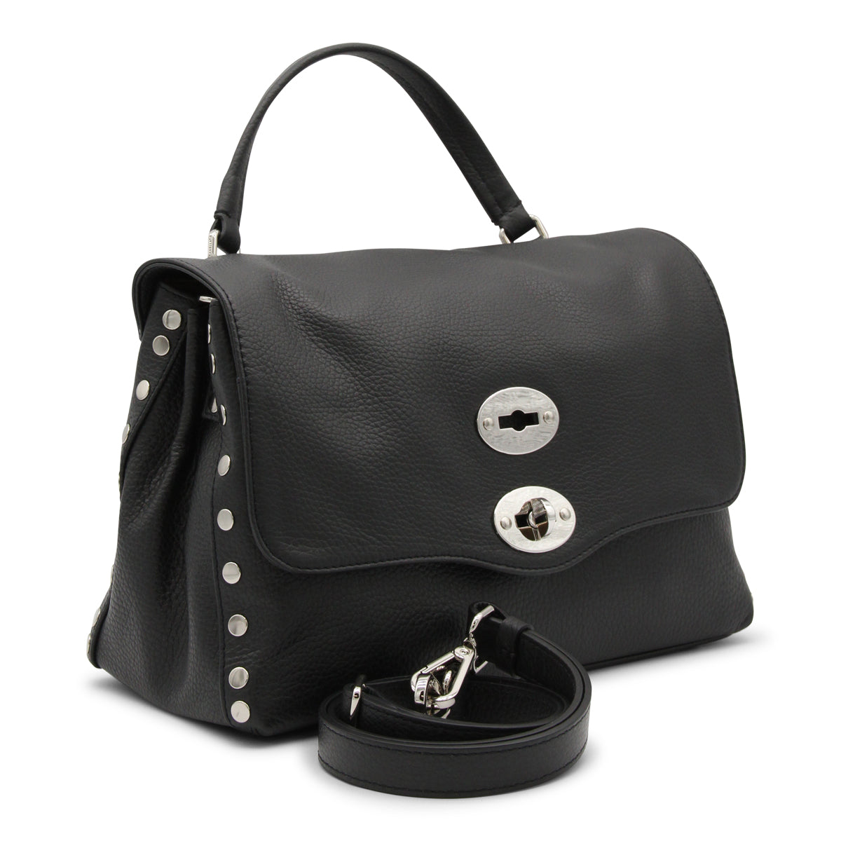 BLACK LEATHER POSTINA SMALL TOP HANDLE BAG