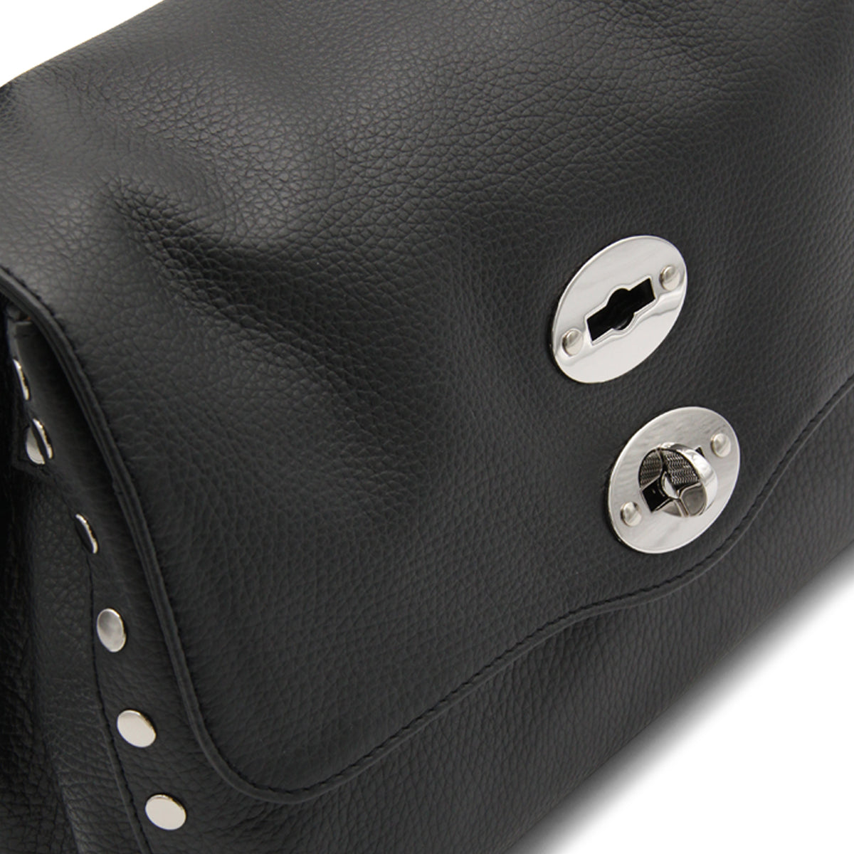 BLACK LEATHER POSTINA SMALL TOP HANDLE BAG