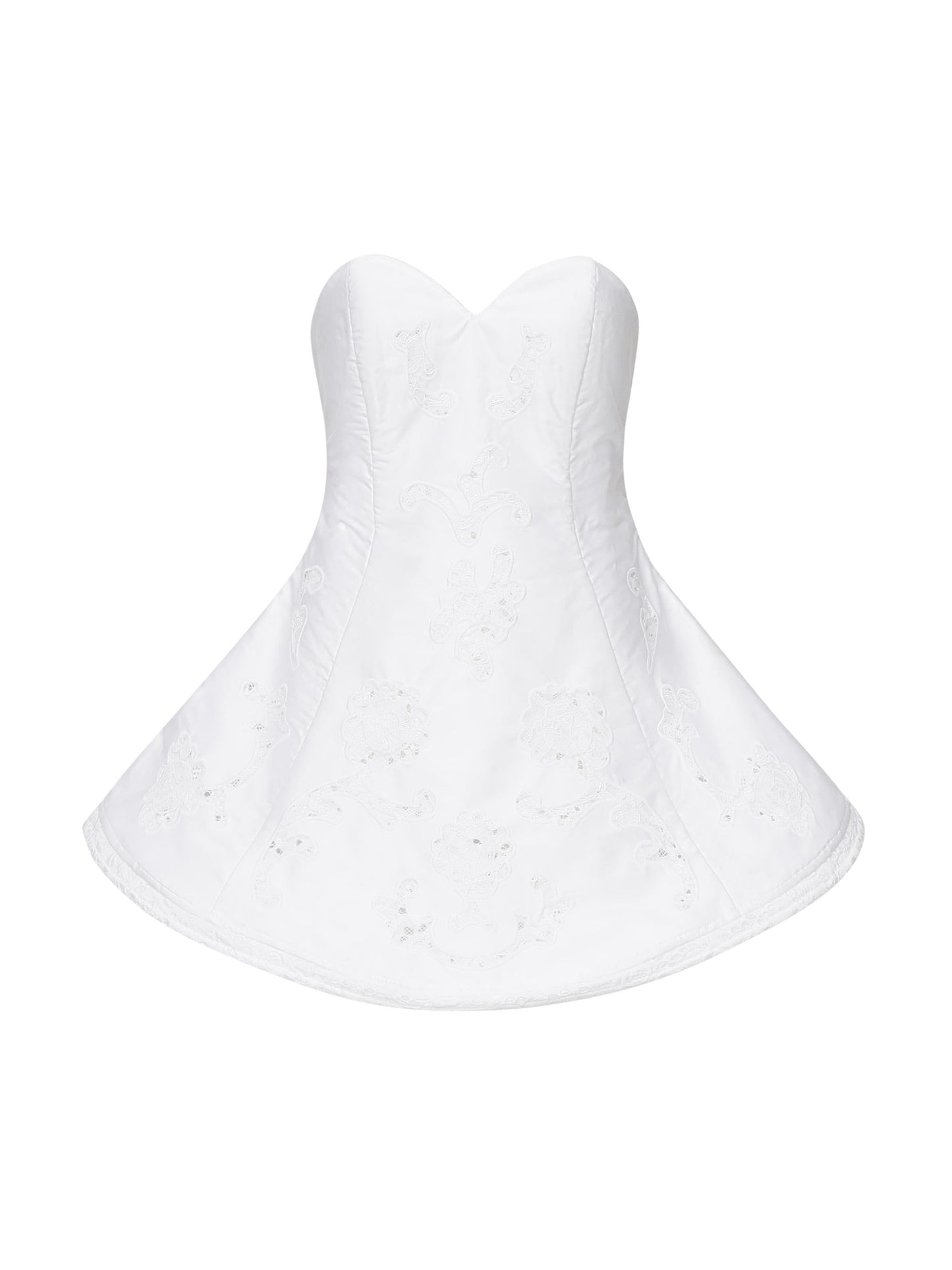 Mini abito babydoll senza spalline in popeline di pizzo bianco