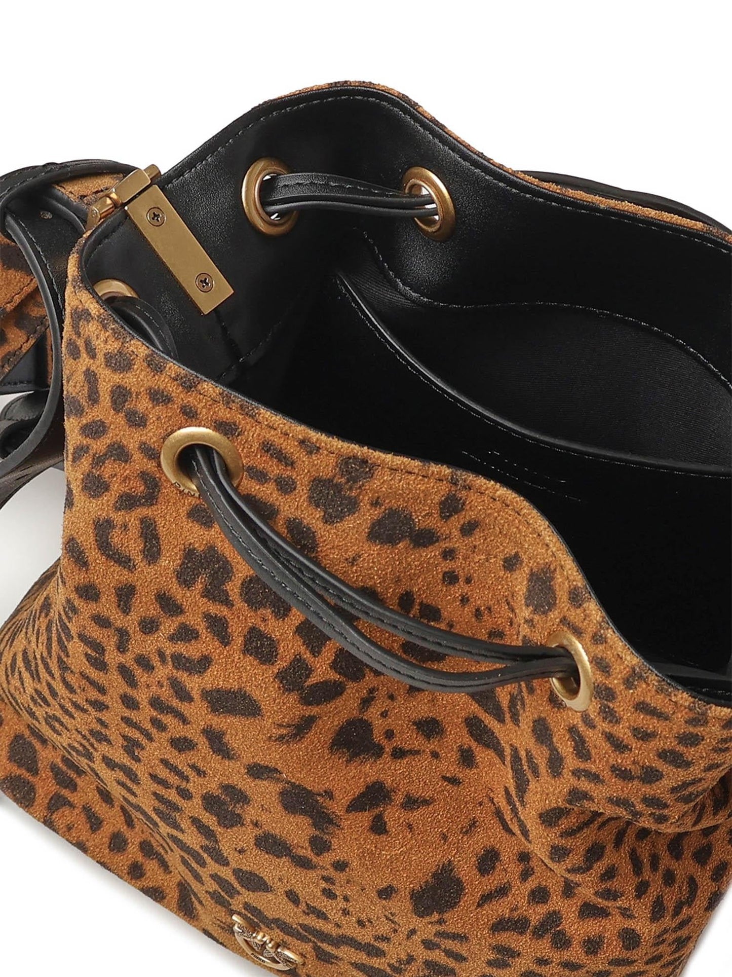 Borsa secchiello a tracolla piccola in suede leopardato