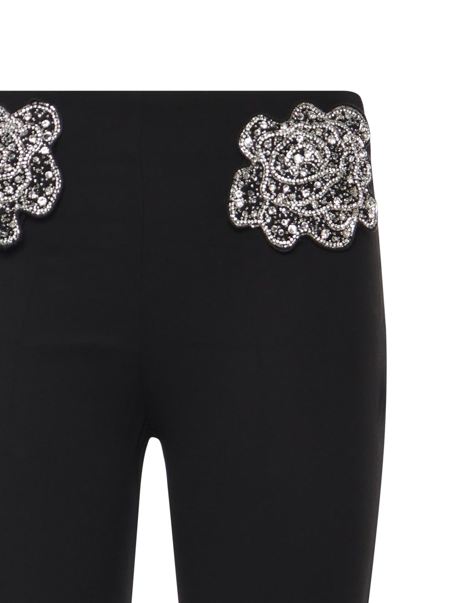 Pantaloni con rose gioiello ricamate