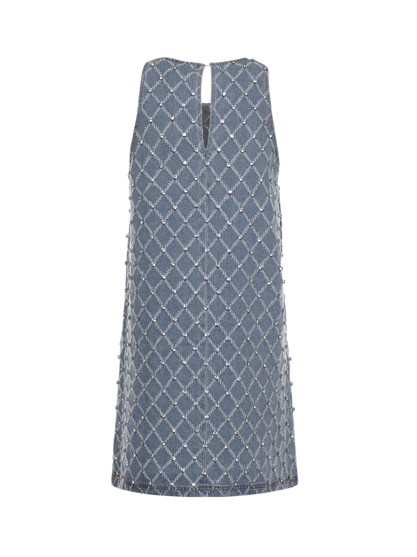 Abito corto in denim con disegno rombi e strass