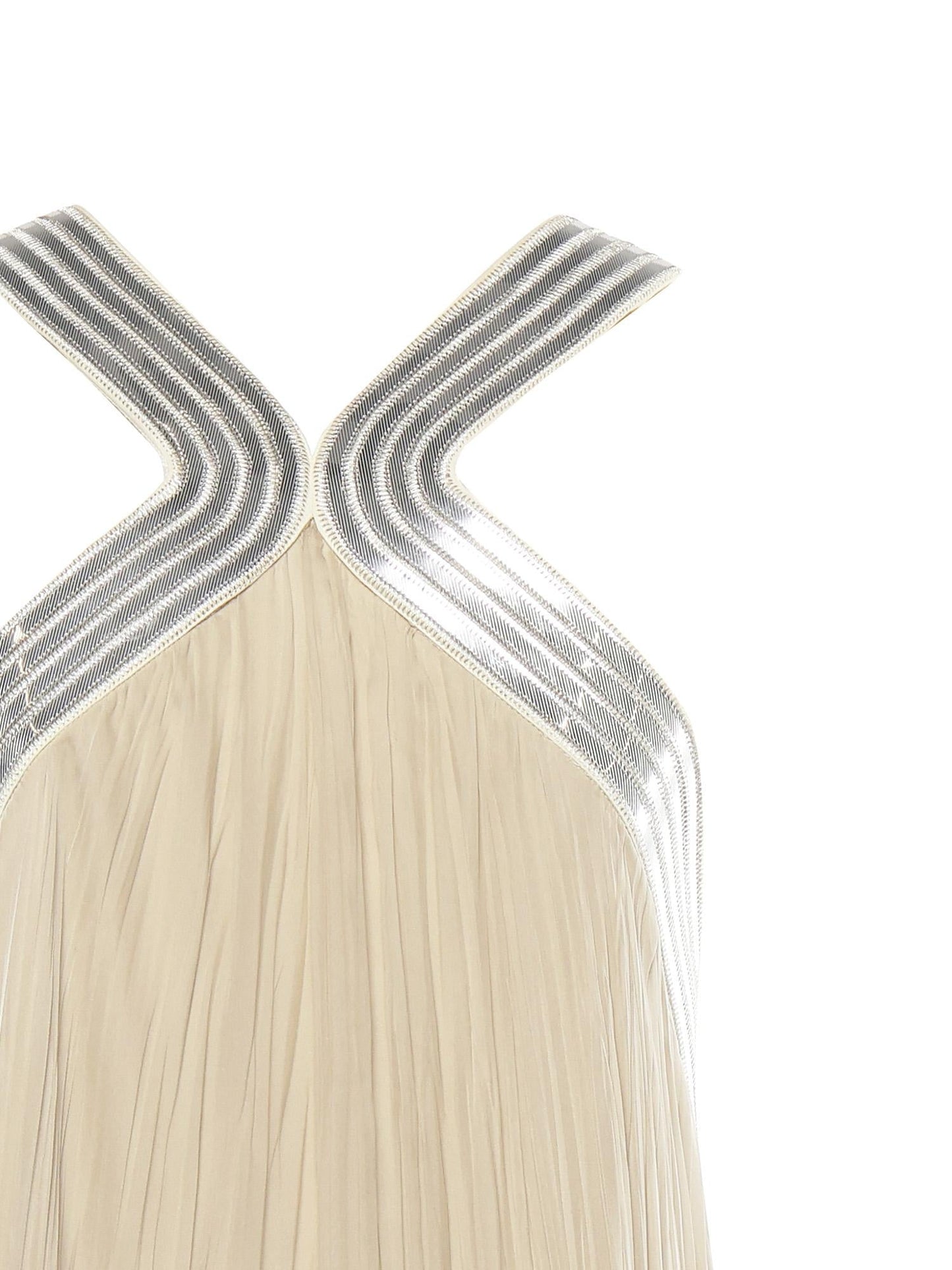 Abito lungo in chiffon plissé con ricami metallici