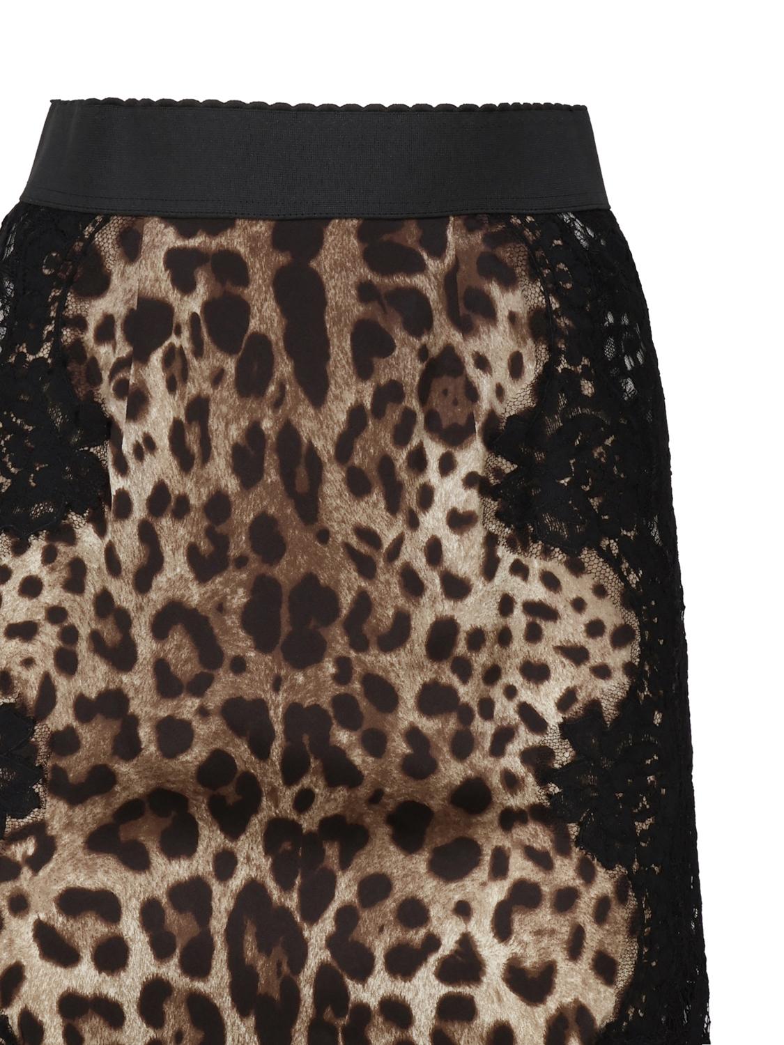 Gonna midi in raso stampa leopardo con inserti in pizzo