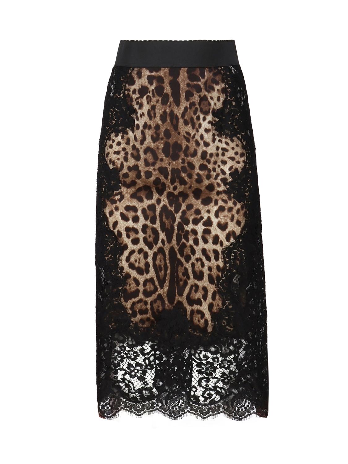 Gonna midi in raso stampa leopardo con inserti in pizzo
