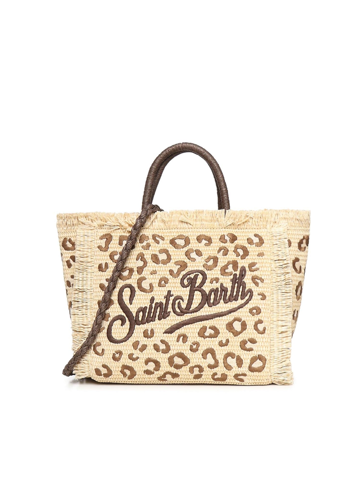 Borsa Colette in tessuto effetto paglia con ricamo leopardato