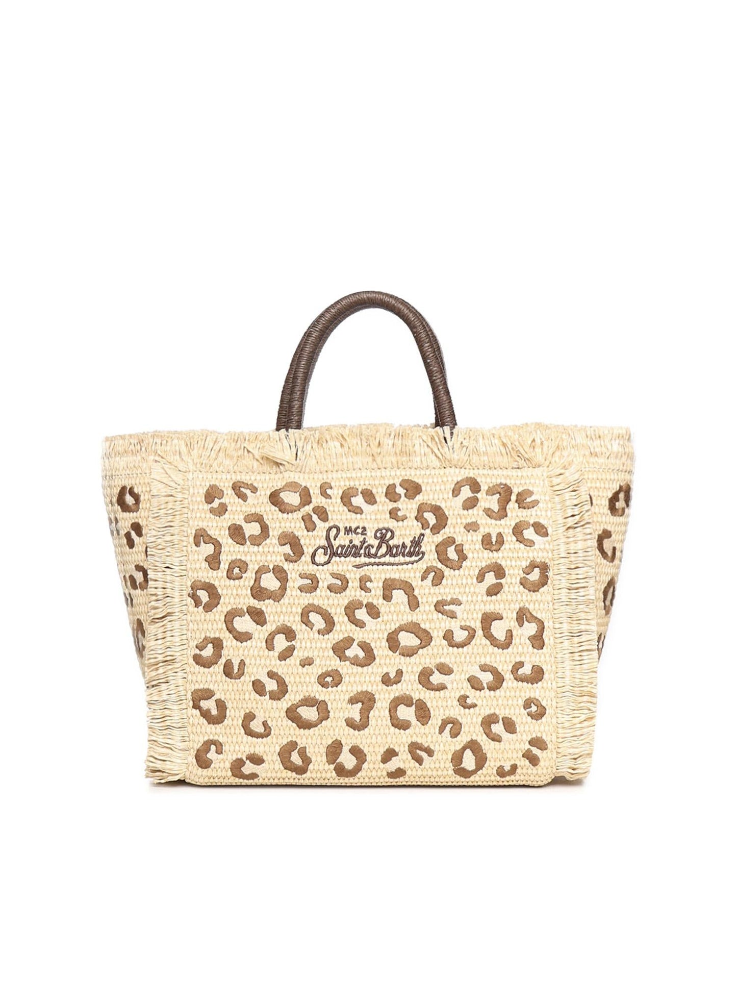 Borsa Colette in tessuto effetto paglia con ricamo leopardato